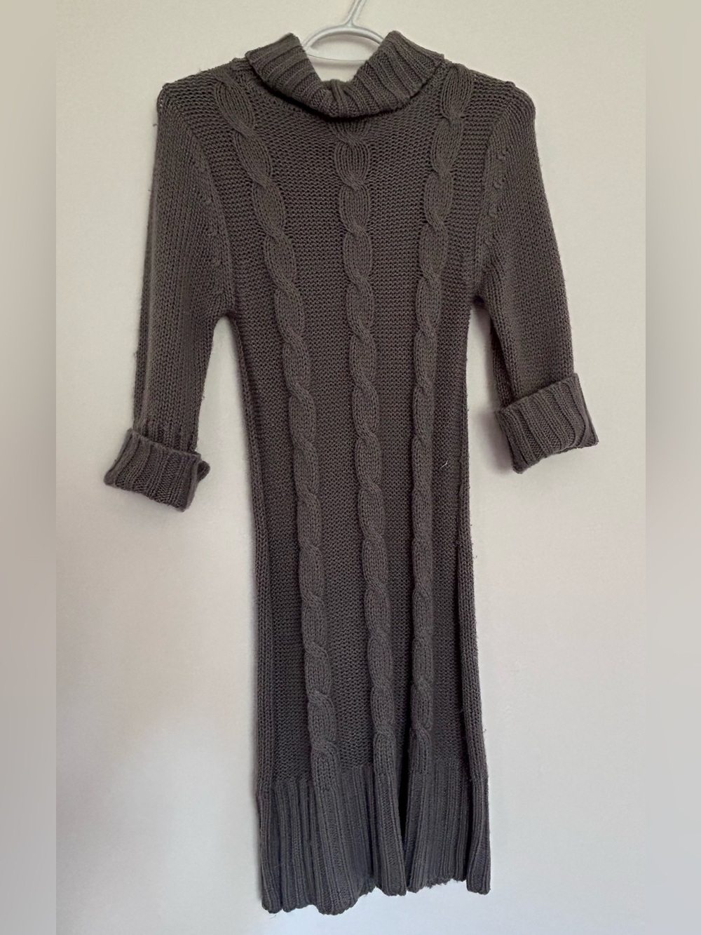 Grey Blue Heart Sweater Dress in Twisted Knit with Turtleneck - Cozy Chic Style